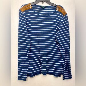 Lauren Ralph Lauren Blue and White Striped Knit Zip Long‎ Sleeve Women’s Large